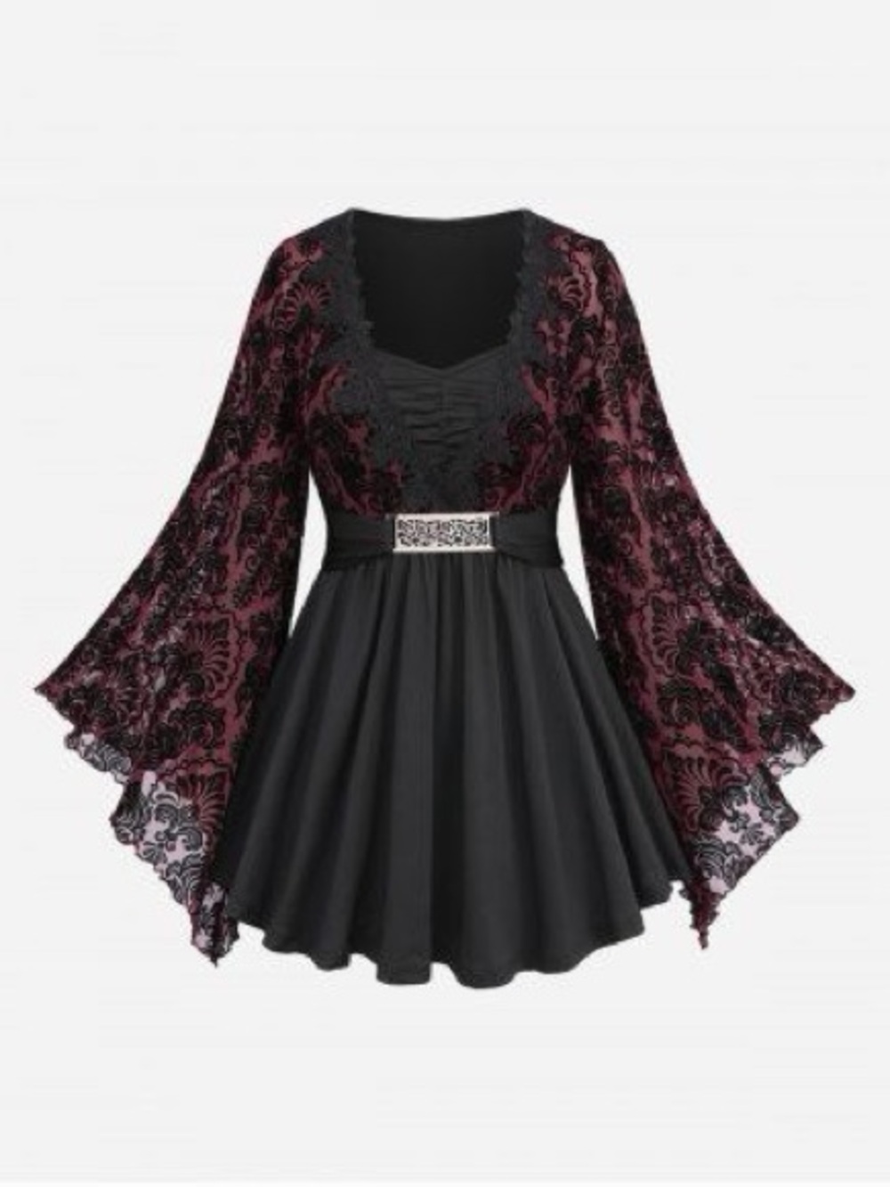 Rosegal Black and Burgundy Lace Bell Sleeve Tunic
